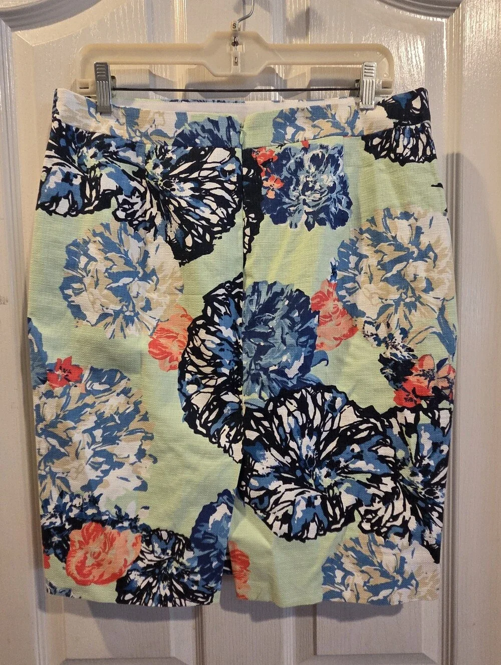 J.Crew Pencil Skirt Floral Cotton Green Blue Preppy Coastal Resort Size 8 FLAW